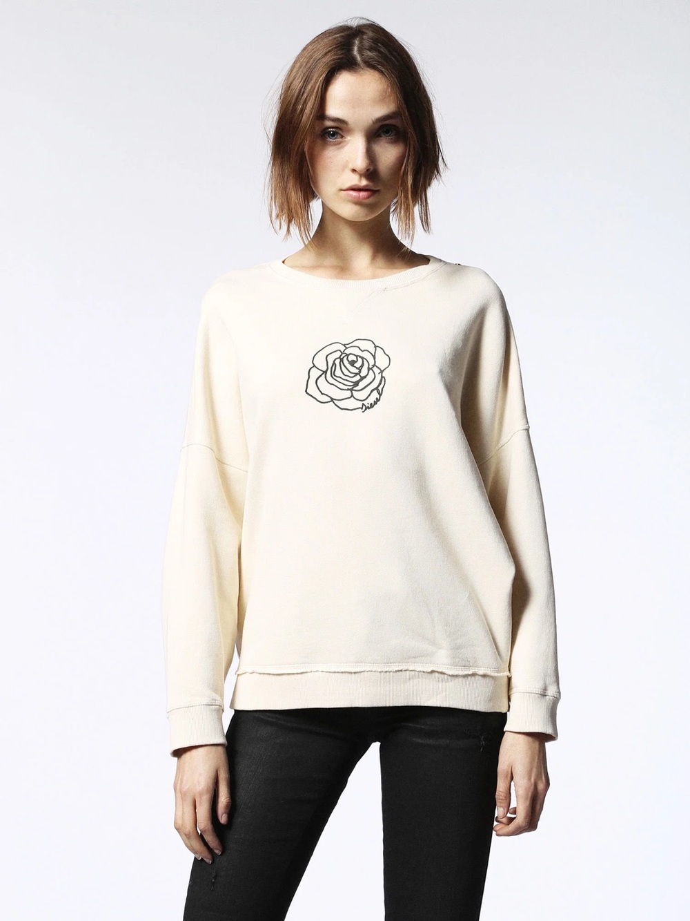 Diesel F-Gertrude-Z Cream Cotton Sweatshirt with Black Rose Outline